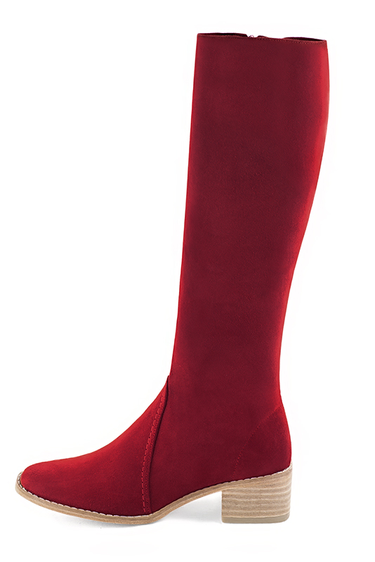 Cardinal red women's riding knee-high boots. Round toe. Low leather soles. Made to measure. Profile view - Florence KOOIJMAN